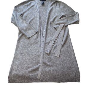 August Silk Long Cardigain Duster Belted Sweater Dress Metallic Silver Small